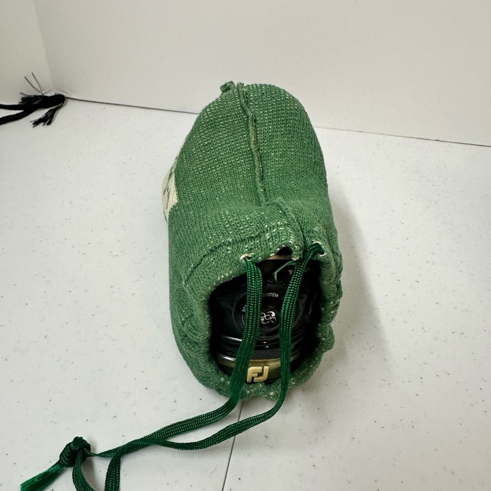 FootJoy Vintage Golf shoe covers, green and white. Shown with size 9 FootJoy. - Picture 3 of 8